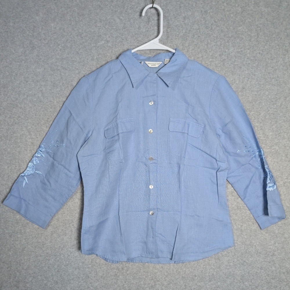 Richard‎ Malcolm Petite Medium Light Blue 100% Irish Linen Embroidered Shirt PM